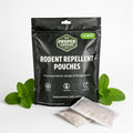 Proper Garage Rodent Repellent Pouches 10-pack in a black resealable bag, shown with two individual repellent bags in front and green peppermint leaves on both sides on a white background.