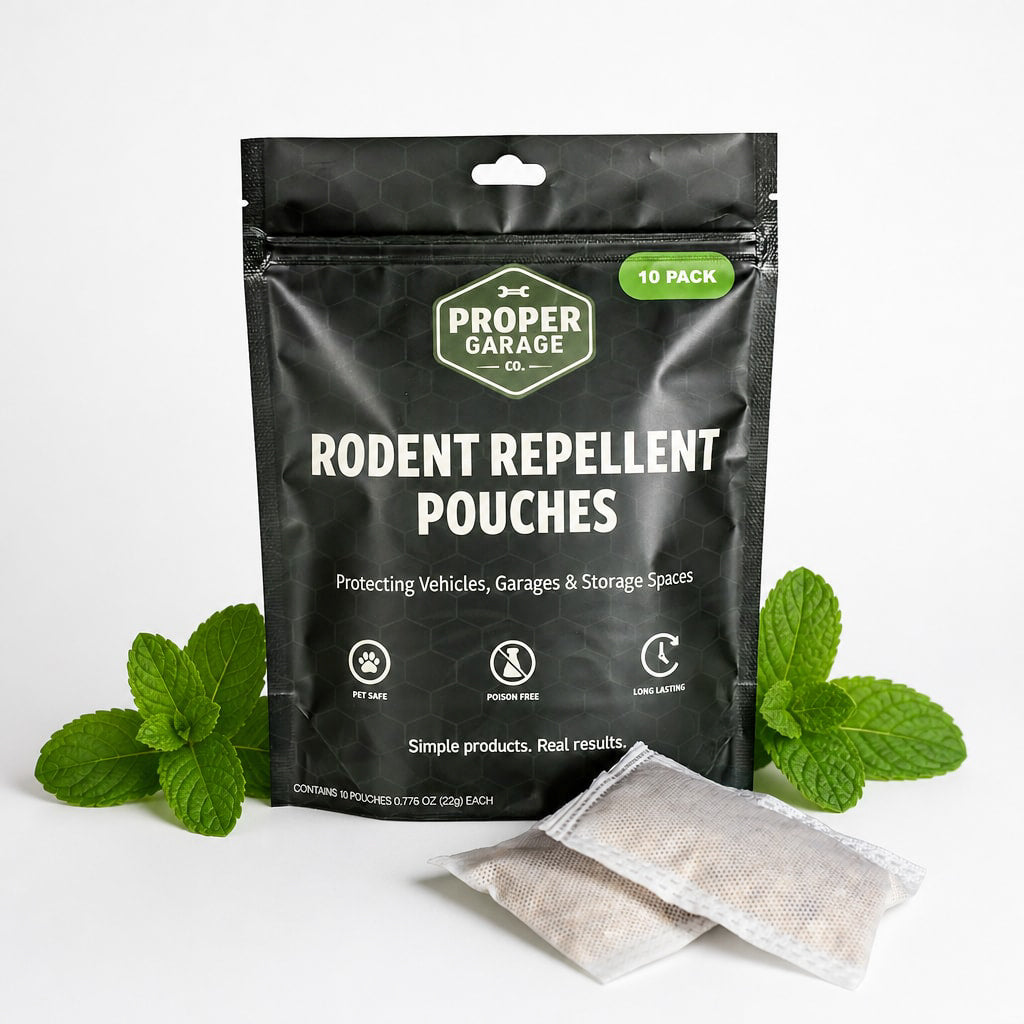 Proper Garage Rodent Repellent Pouches 10-pack in a black resealable bag, shown with two individual repellent bags in front and green peppermint leaves on both sides on a white background.