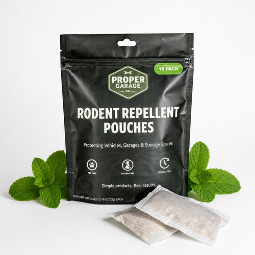 Proper Garage Rodent Repellent Pouches 10-pack in a black resealable bag, shown with two individual repellent bags in front and green peppermint leaves on both sides on a white background.