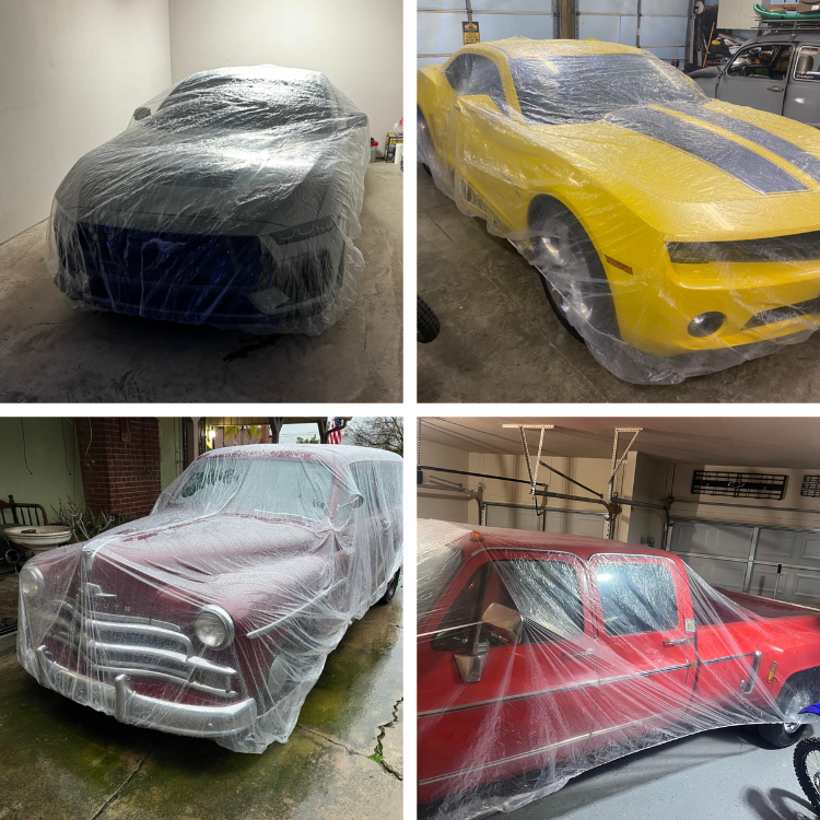 Four cars wrapped in clear plastic car covers various settings.
